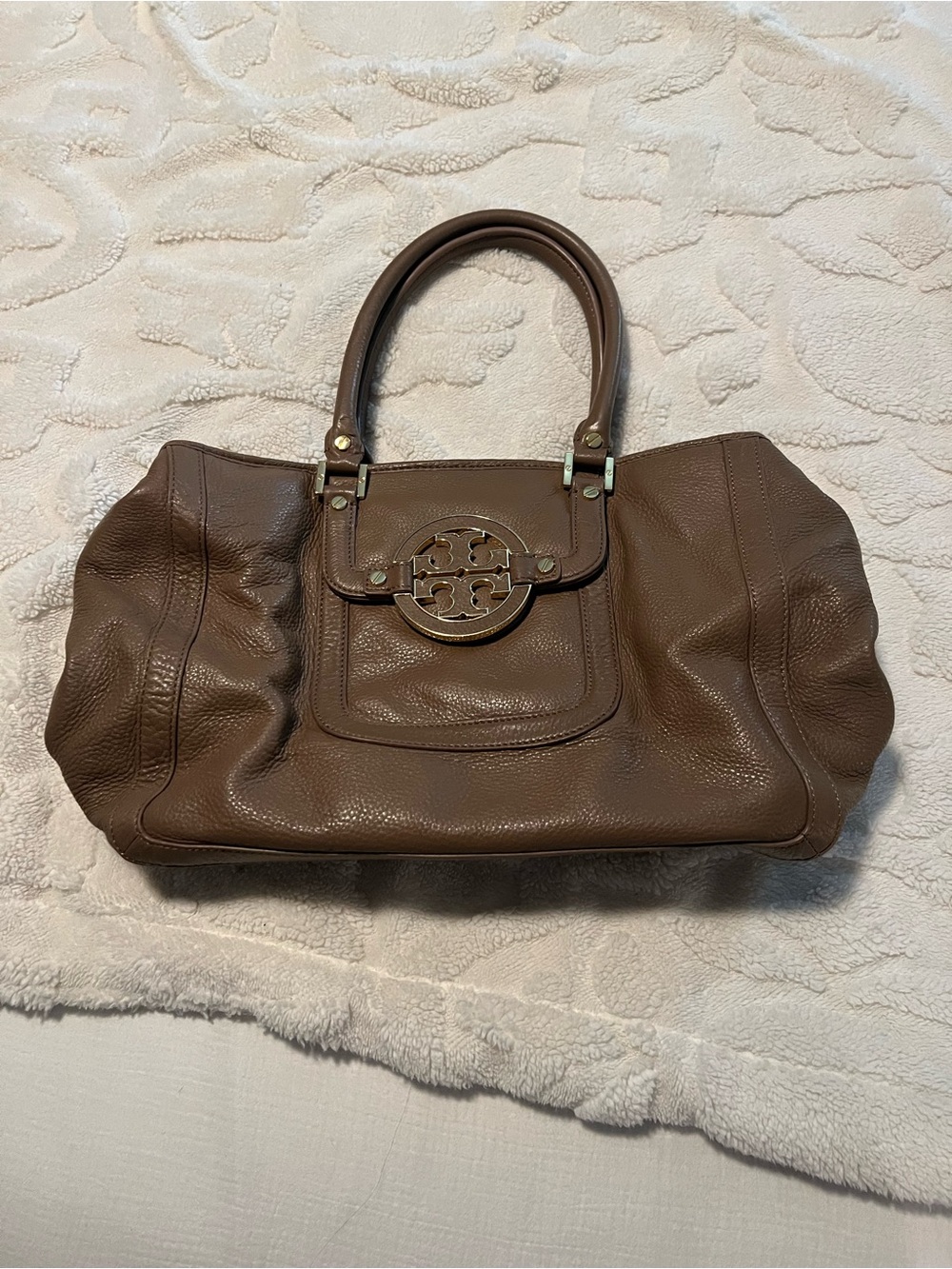 Tory Burch Brown Pebbled Leather Tote with Logo Medallion